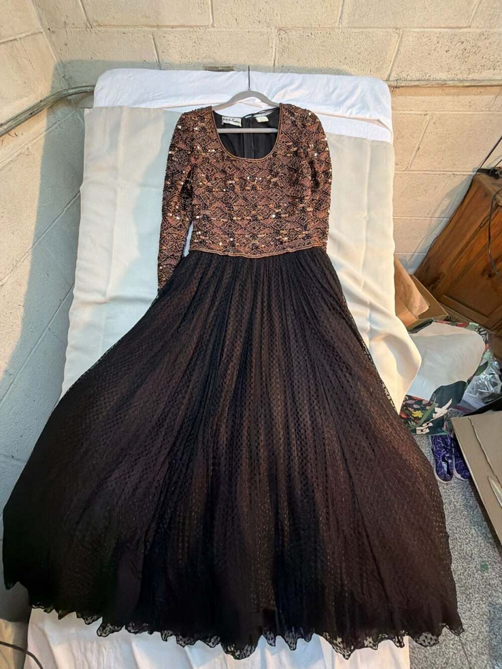 Judith Ann Creations Vintage Beaded Long Sleeve Maxi Dress with Pleated Skirt